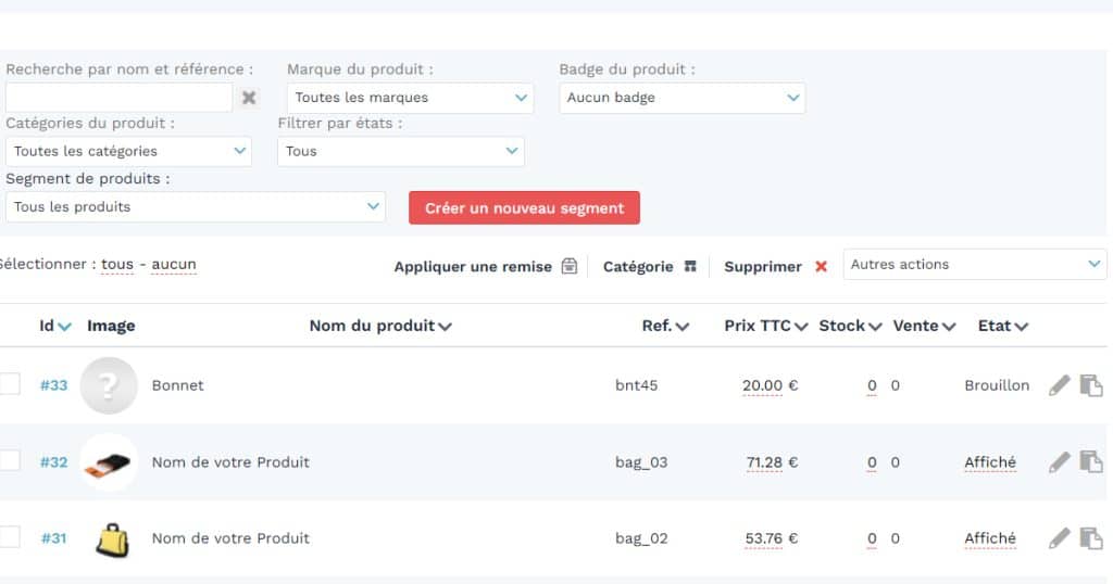 interface de création de produit