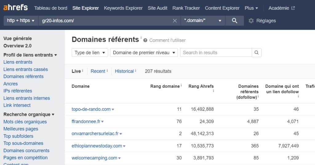 Les domaines référents sur Ahrefs