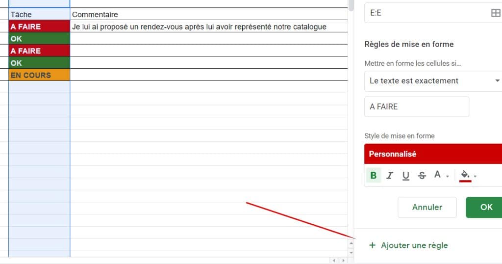 Ajouter une autre règle avec condition sur sheets