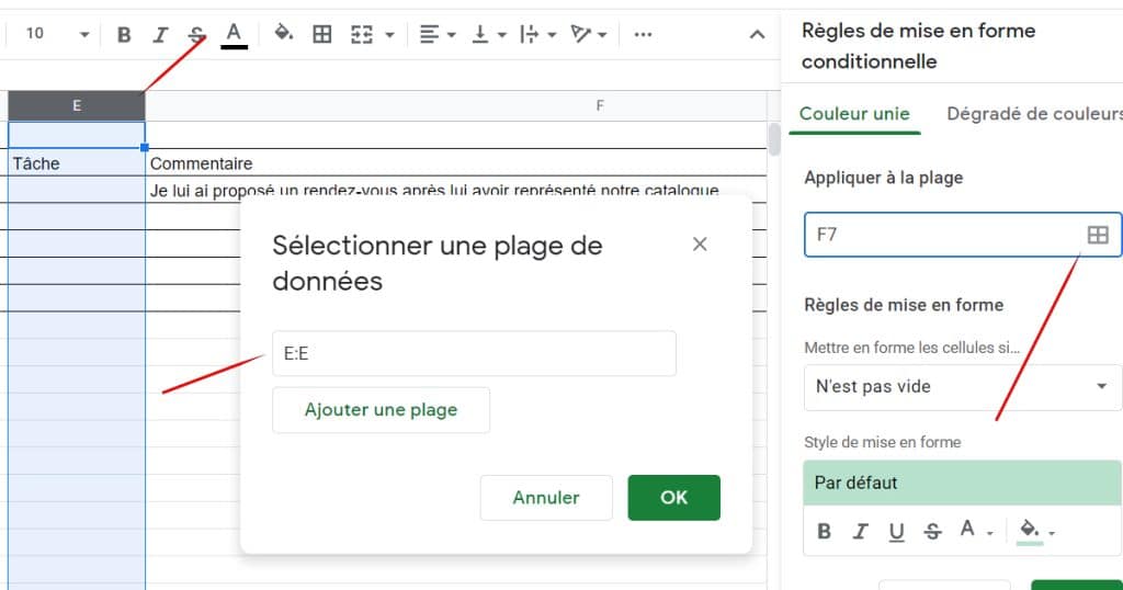mise en forme conditionnelle sur une colonne via Sheets