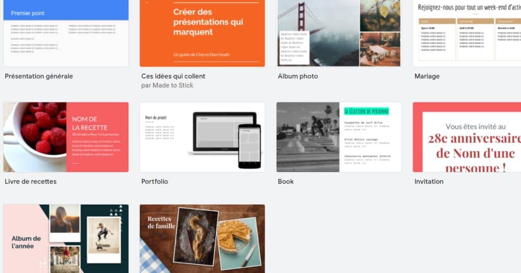 bibliothèques de slides par défaut