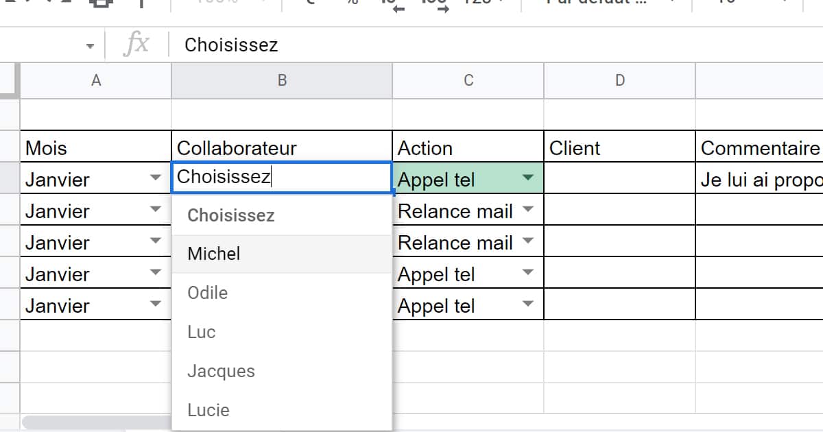 Liste déroulante sur sheets