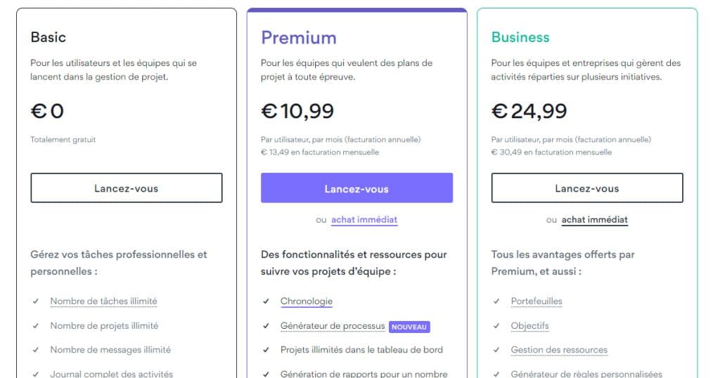 tarifs de Asana