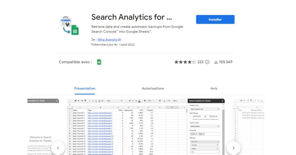 installer Search analytics for sheets