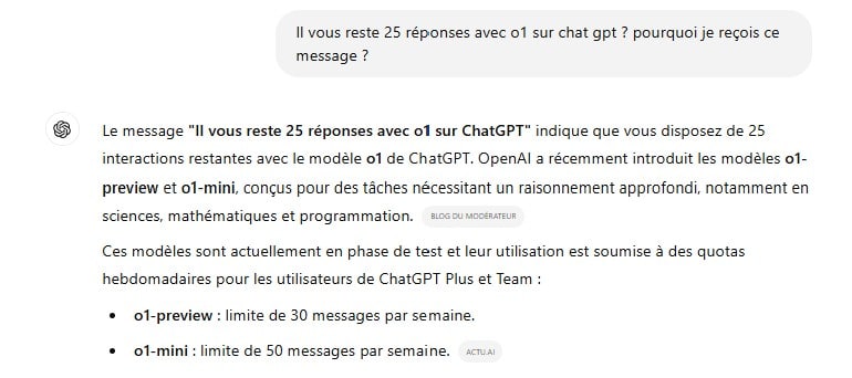 limitation utilisation 30 messages avec GPTo1